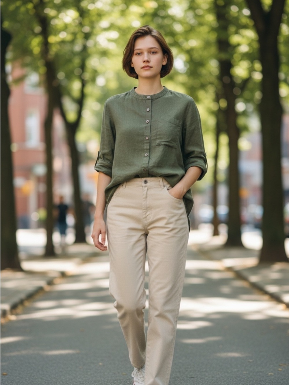 Relaxed Button-Front Tunic in Olive Green